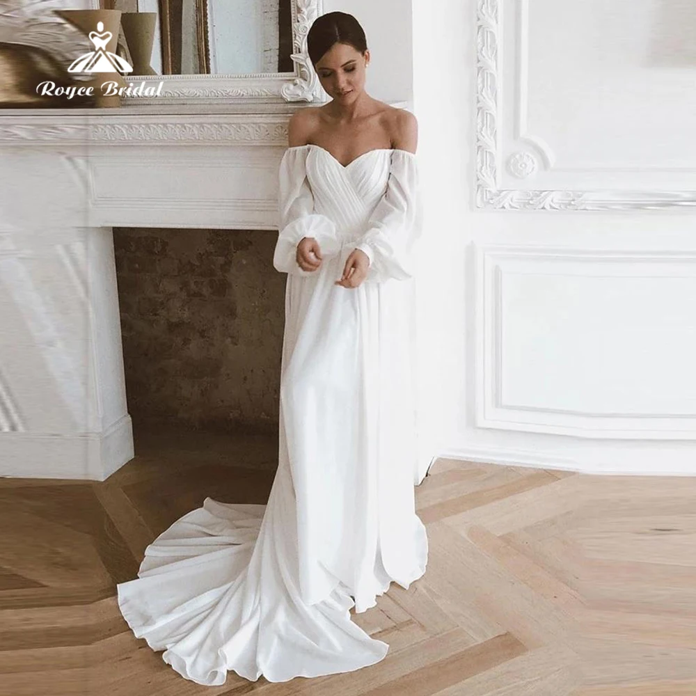 Sexy Off Shoulder Chiffon Beach A Line Wedding Dresses Long Sleeves ...