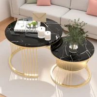 Table basse moderne Anajqaqia, ensemble de tables basses, placage marbre, tables d'appoint pour canapé, tables rondes, lot de 2, noir 1