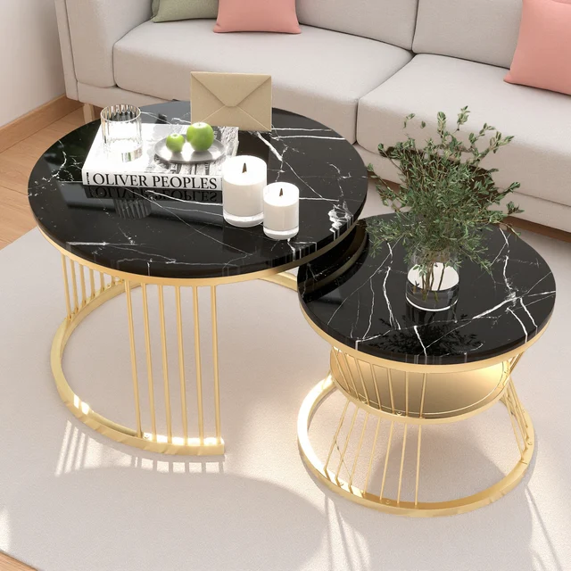 Table basse moderne Anajqaqia, ensemble de tables basses, placage marbre, tables d'appoint pour canapé, tables rondes, lot de 2, noir 1