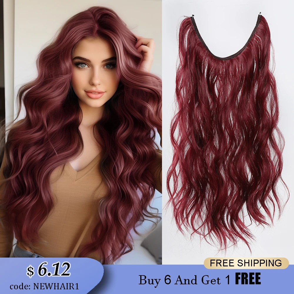 HAIRCUBE Wine Red Long Wavy Hair Extension for Women Synthetic No Clips In Natural Hidden Secret False Hair Piece Heat Resistant