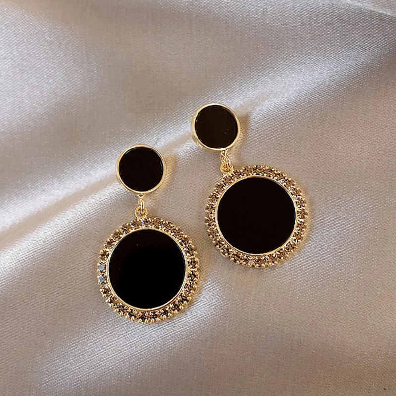 Korean New Black Round Rhinestone Drop Earrings for Women Shining Zircon Geometric Dangle Earring Female Temperament Jewelry