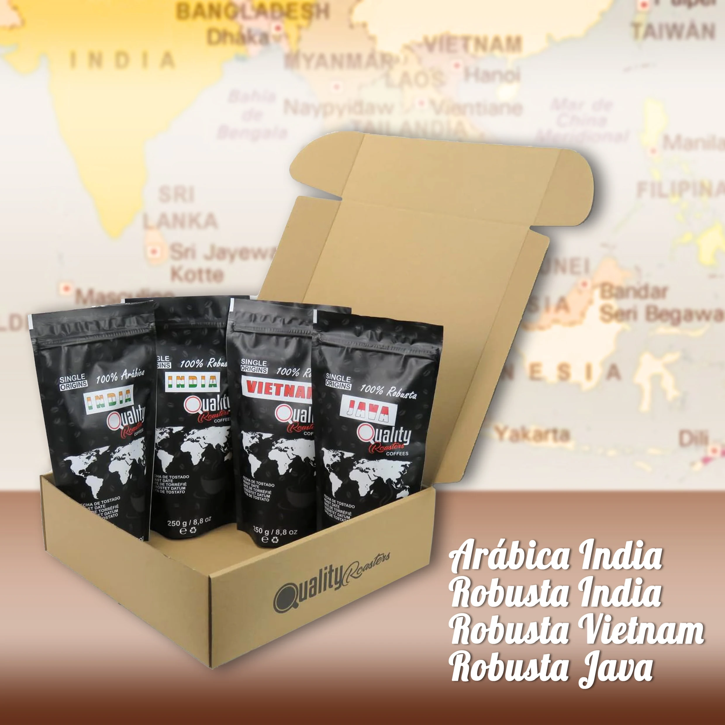 Café en grano natural. Origen Asia: Vietnam, Java e India. Variedad Arábica y Robusta. Tueste Medio Artesanal. Pack de 4x250gr