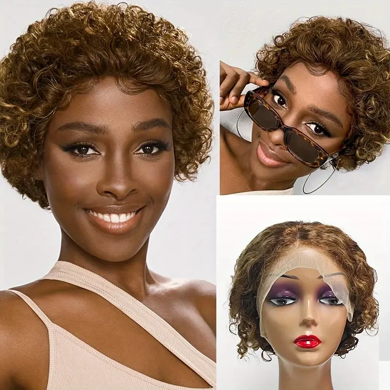 Pixie Cut Wig Short Bob Wig 4/27 Highlight Ombre Blonde Curly Short Bob Brazilian Human Hair 13x4 Lace Front For Women