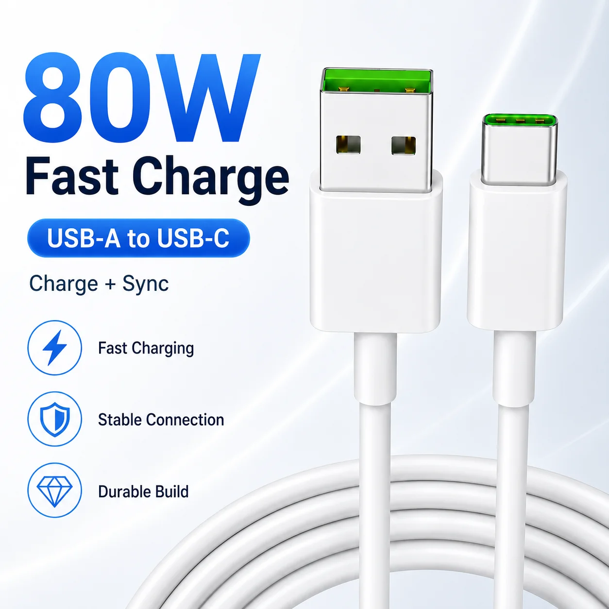 High-Speed Durable USB-A to USB-C Charging & Data Cable - Tangle-Free White Cord