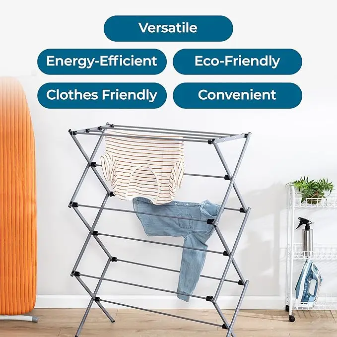 Collapsible silver drying rack with 50lb capacity. Sturdy steel, foldable for indoor/outdoor use. Space-saving and portable. 3