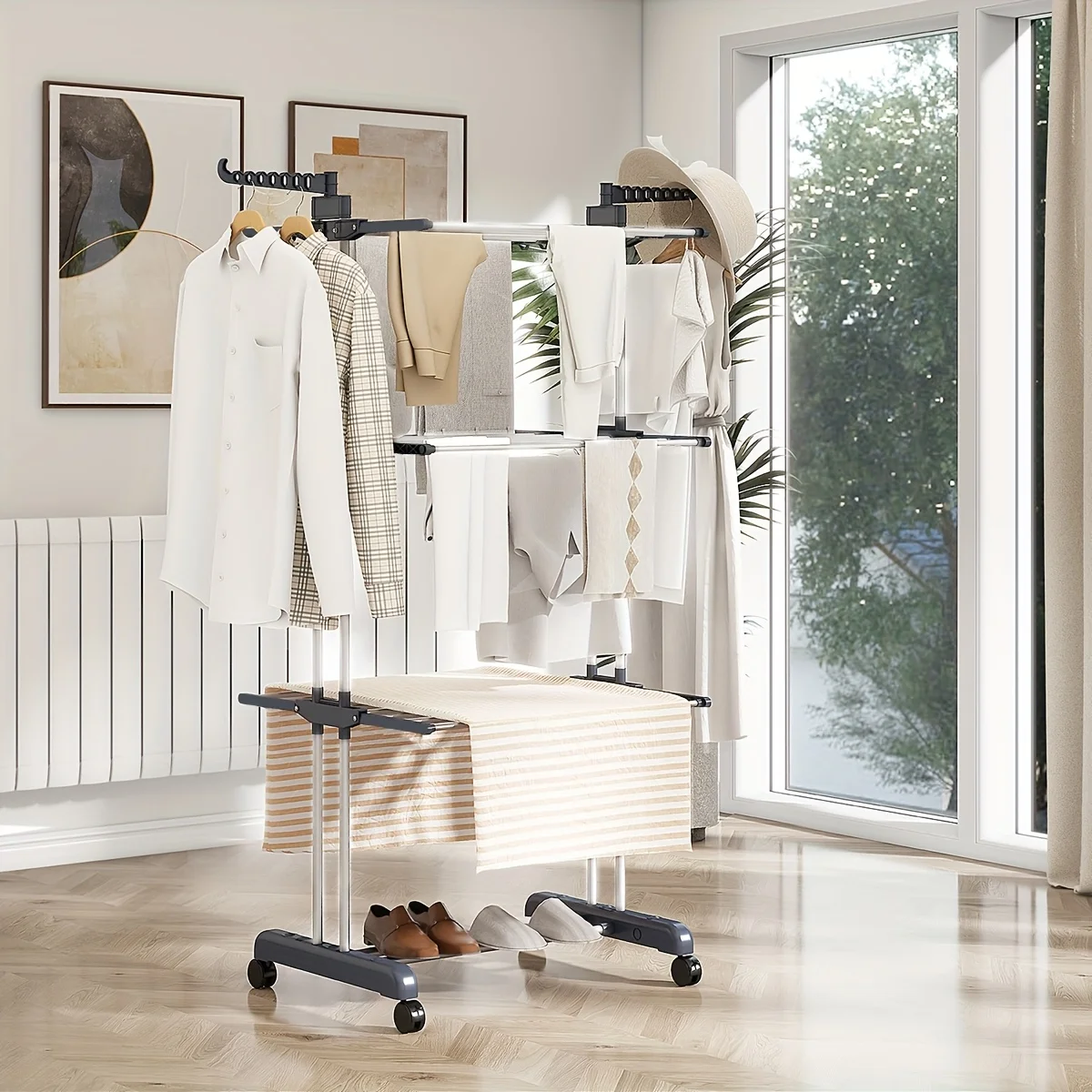 Clothes Drying Rack,4-Tier Foldable Stainless Steel Drying Rack Clothing, Movable Drying Rack 4 castors,for Bed Linen,Clothing 6