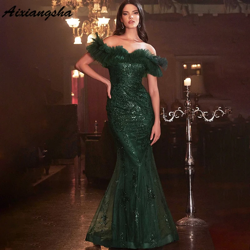 

Aixiangsha Featuring An Off-shoulder Neckline Prom Dress 2023 With Ruffle Detailing And Cap Sleeves the Dress Sits Comfortably