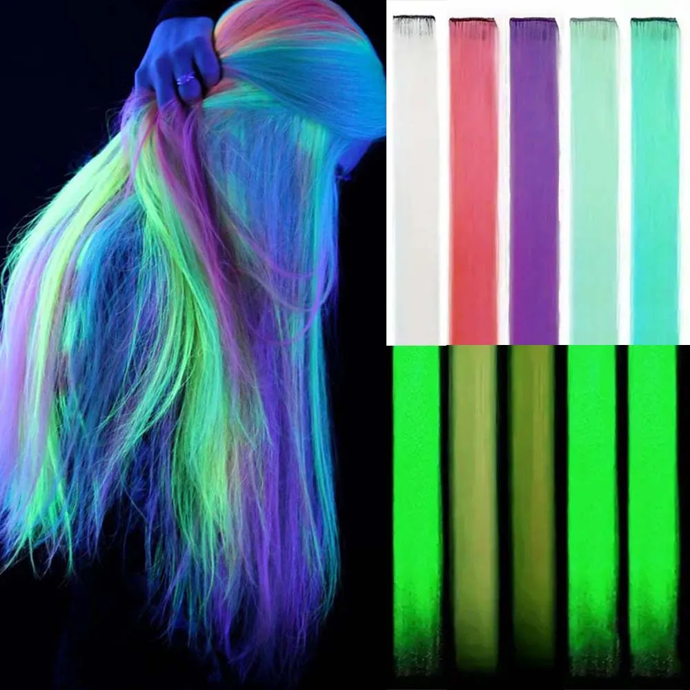 5pcs Luminous Hair Pieces Synthetic Neon Fake Hair Clip In Party Accessories Y2K Glow In The Dark Extension hair extensions