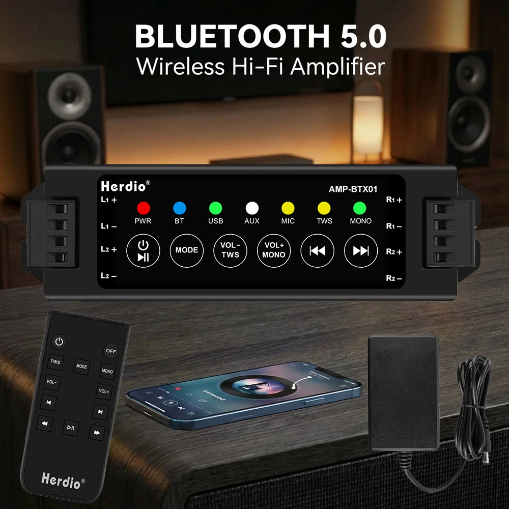 Herdio channel Home Power Amplifier Bluetooth Audio Amplifiers for Bathroom Wall Ceiling Speaker with remote control EU/US/UK/AU