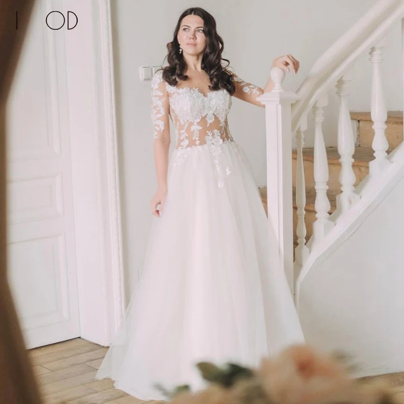 

I OD Elegant Lace Half Sleeves Wedding Dresse For Women 2023 Sexy A Line Applique Lace Up Scoop Backless Tullle Bridal Gown