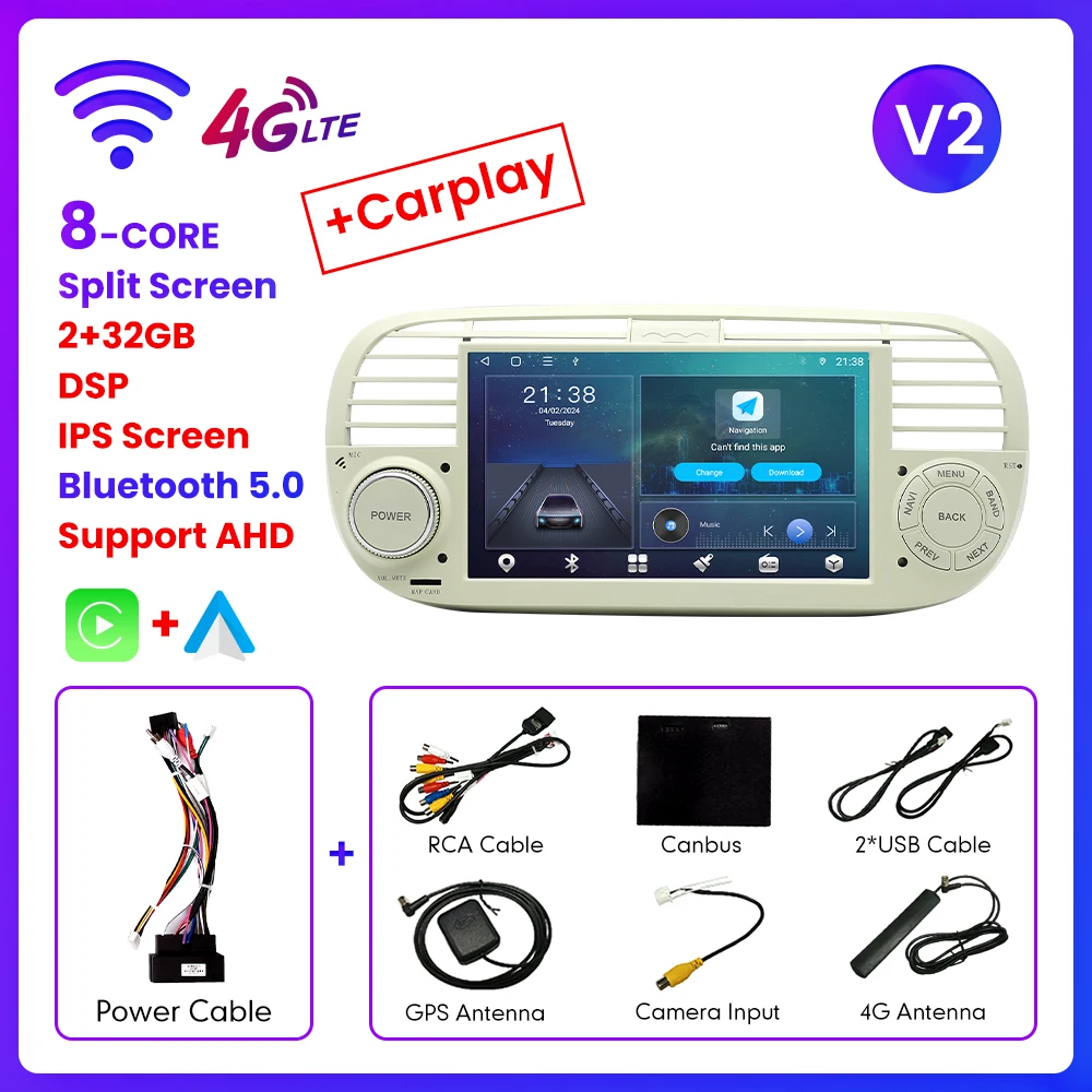 AUTORADIO NAVIGATORE FIAT 500, 500 ABARTH 2007-15 ANDROID 12 4 GB RAM