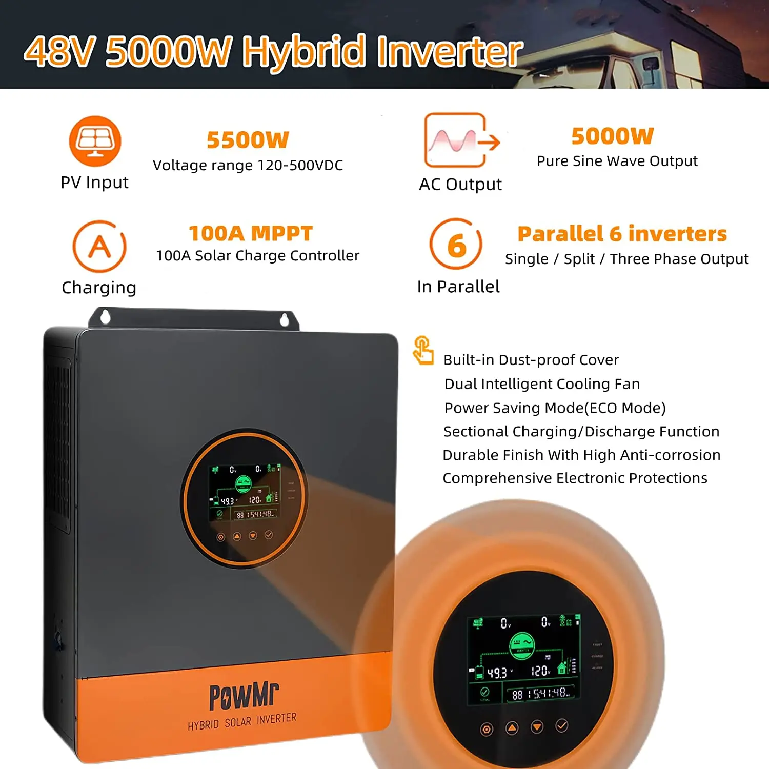 PowMr 5KW Split Phase Inverter 48V 110V Off Grid Pure Sine Hybrid Solar Inverter with MPPT 100A Battery Charger Parallel Up to 6 2