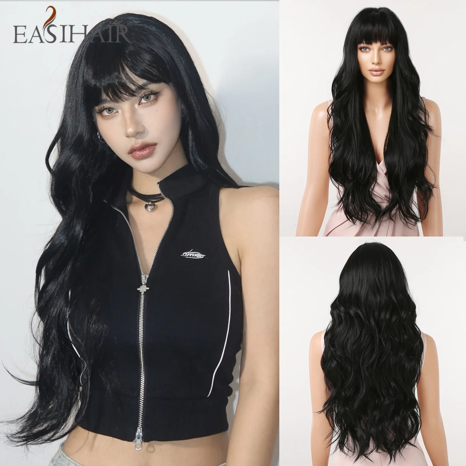 

EASIHAIR Long Black Wavy Synthetic Wigs with Bangs Body Wave Wig for Women Cosplay Daily Natural Use Hair Heat Resistant Fiber