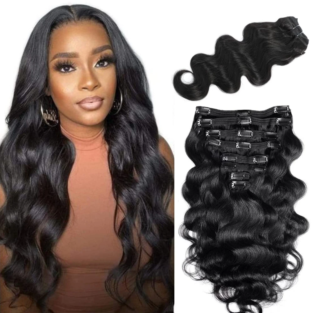 Extensions de cheveux brésiliens Body Wave à clipser, cheveux humains Remy, noir naturel, clip document Ins, 12-26 po, 120g, 8 pièces par ensemble