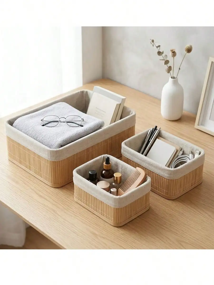 Three-piece bamboo woven storage basket set with fabric lining. Suitable for home desktops, wardrobes, underwear, socks, and other small items. Compartmentalized baskets for entryways, keys, snacks, and other items. Rectangular woven storage baskets, 1