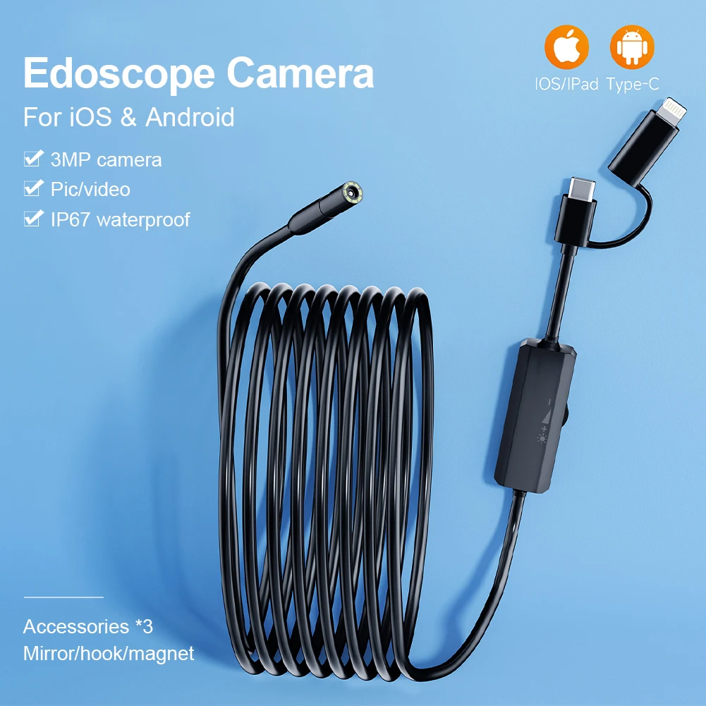 Endoscope Camera with Light 1920P 8mm Slim Borescope Dimmable 8LED Inspection Camera for iPhone Android Waterproof Snake Camera