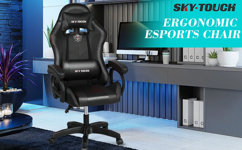 Gaming chair Adjustable Computer chair Pc office Pu Leather HighBack, Ergonomic Lumbar Support,Armrest Pillow，Black