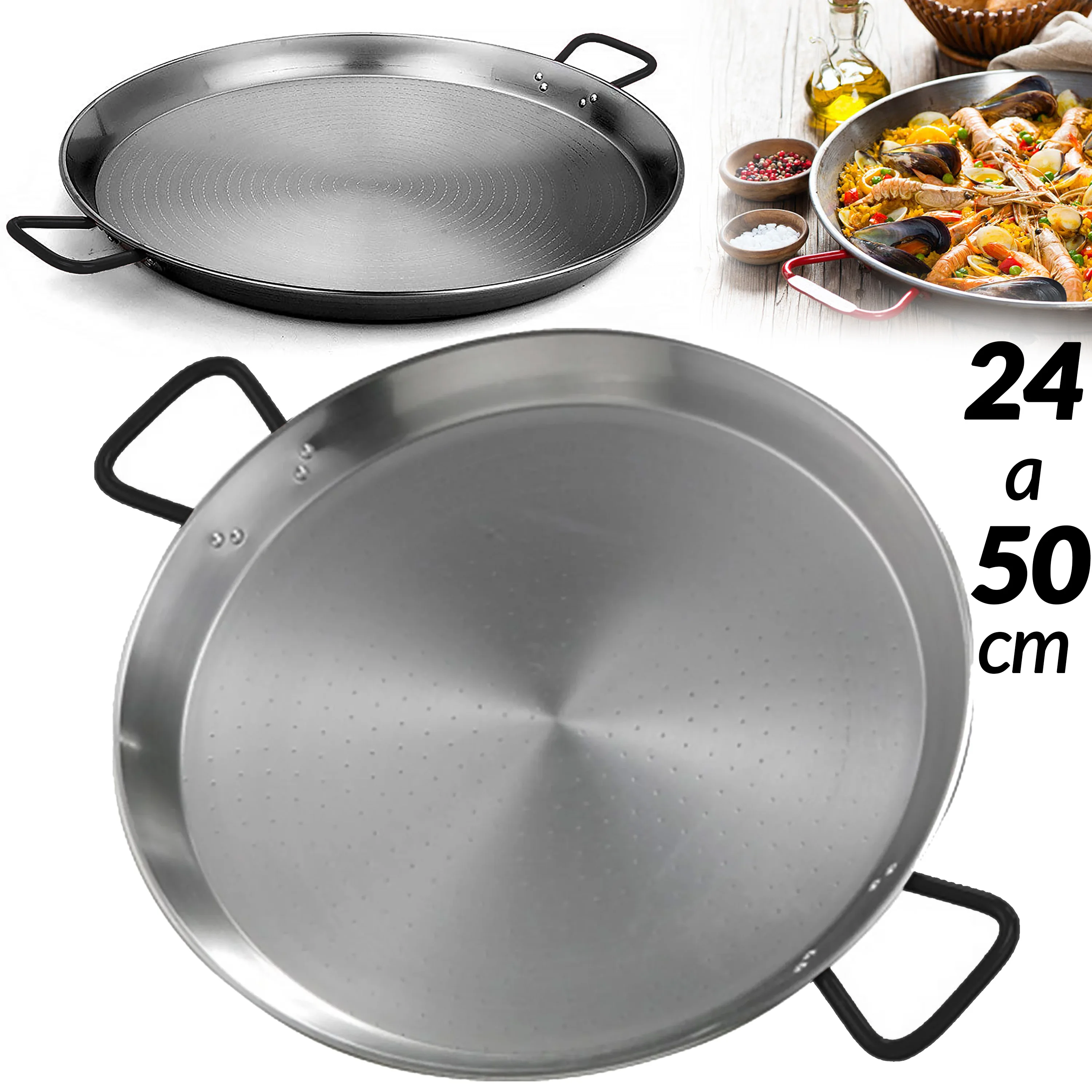 Spanish Paella polishing steel 28 to 50 cm easy cleaning paello Paella  Spain rice pan suitable for fire Gas and coal 28cm 30cm 32cm 34cm 36cm 38cm  40cm 42cm 50 cm from 4 to 13 rations