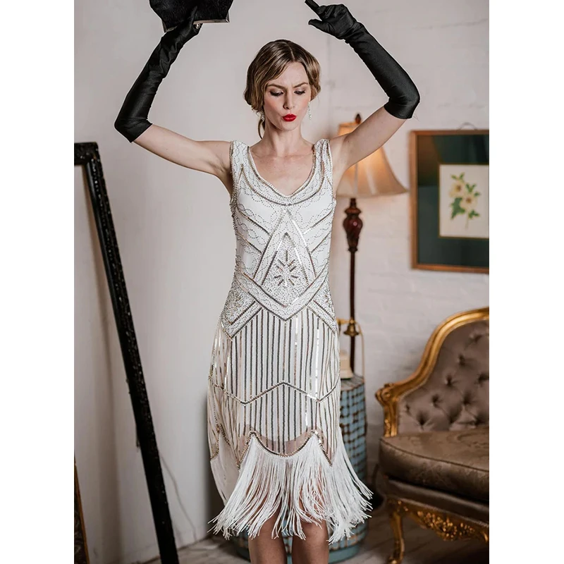 Plus Size Vintage 1920s Deco Great Gatsby Sequin Flapper Dresses with Sleeveless Long Fringed Beaded Dress for Women -