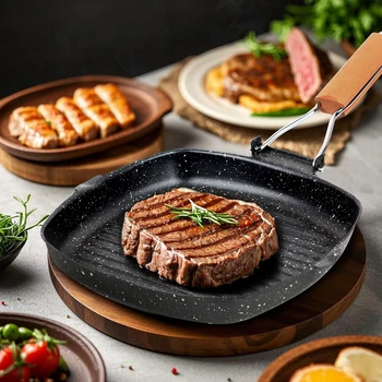 Padella antiaderente per bistecche, padella versatile con manico in legno, padella quadrata con manico pieghevole per griglia interna ed esterna 1
