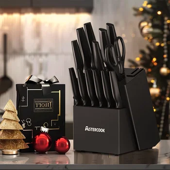 Astercook Kitchen Knife Set with Built-in Sharpener Block, Dishwasher Safe, 15 Pieces German Stainless Steel Knife Block Set 1