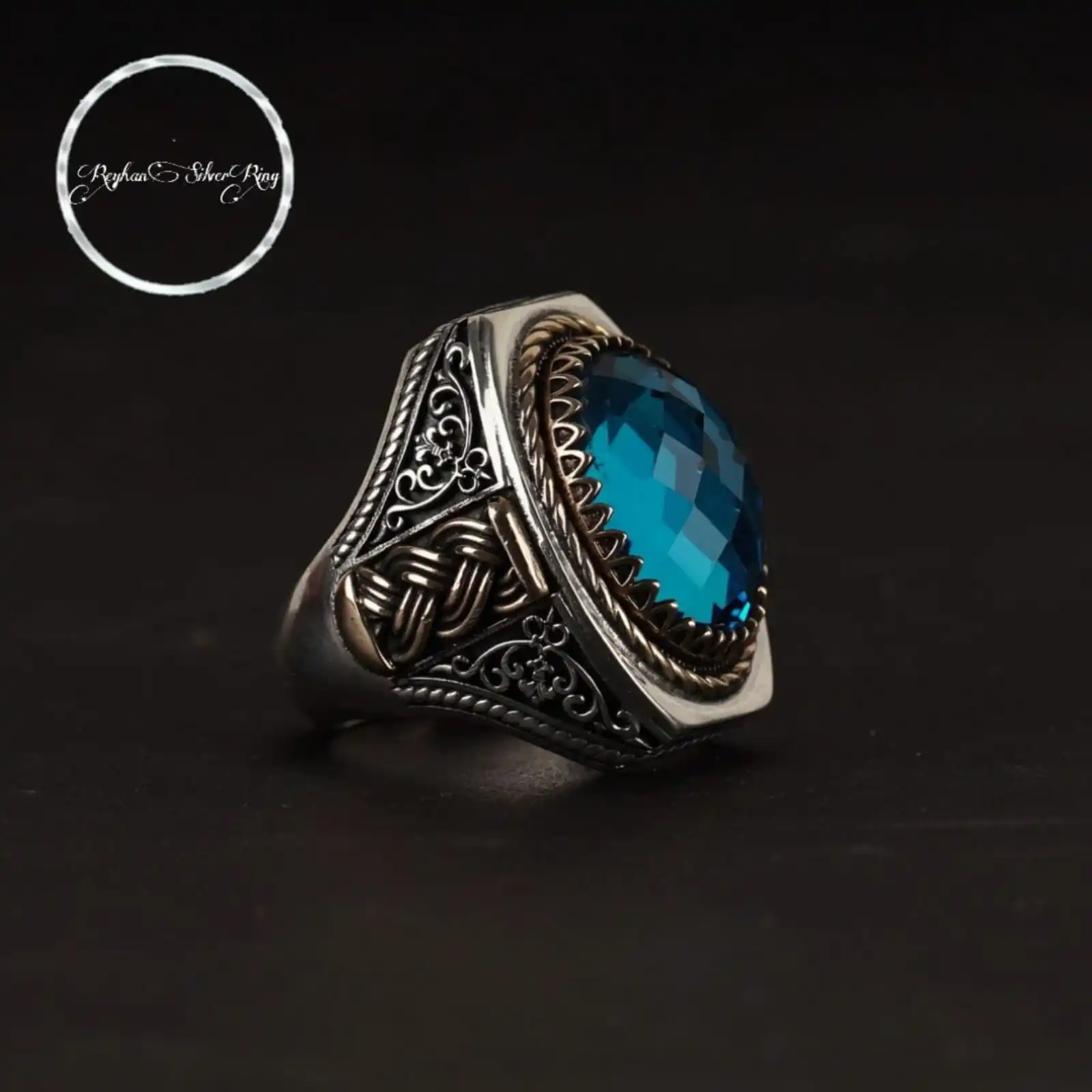 Facet Cut Blue Zircon Sterling Silver Ring with Engraving - Perfect Gift for Her - Ideal Gift for Him