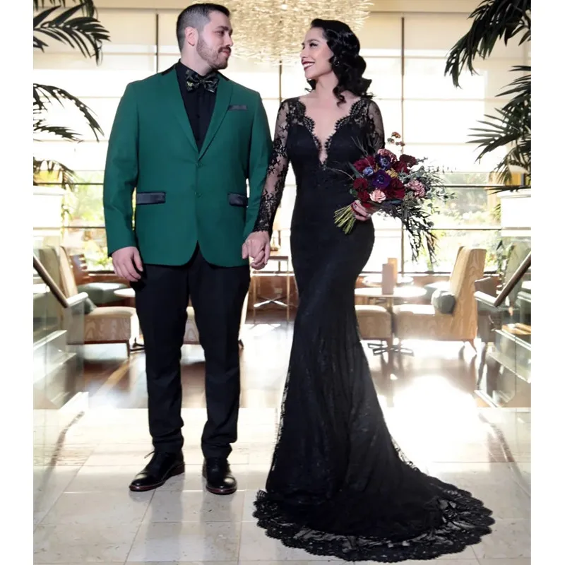 

Black Gothic Wedding Dresses Long Sleeves V-Neck Lace Mermaid Bridal Gowns Vintage Sexy Backless Country Bride Wear 2023 Vestido