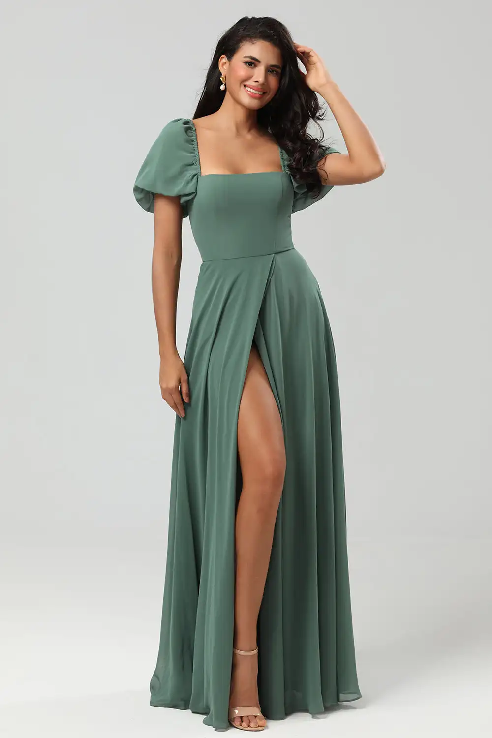 

A Line Chiffon Puff Sleeves Bridesmaid Dress With Slit Square Neck Long Wedding Cocktail Dresses Floor-length Evening Gowns