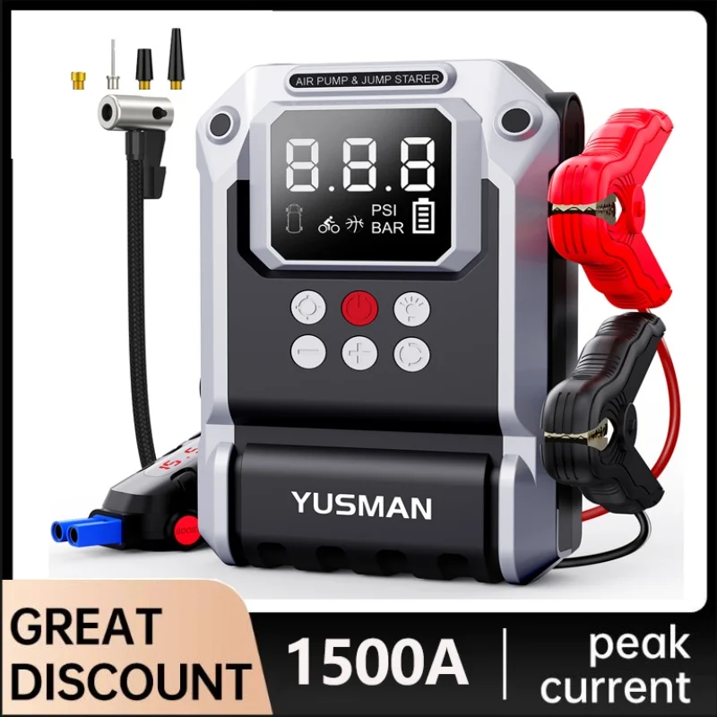 Démarreur de voiture 4 en 1 4500A, compresseur d'air 150Psi, pompe à gonfler les pneus, charge rapide, batterie externe portable 26800mAh, dispositif de démarrage de voiture, chargeur de batterie d'urgence, compresseur d'air, pompe à pneus, dispositif de démarrage de voiture. 1