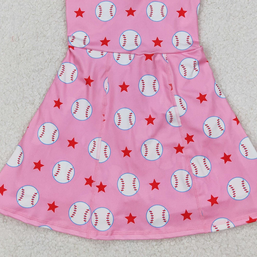3.17 GSD2135 Baby Girls Dresses Sleeveless Baseball Print Have Under Shorts Kids Summer Clothing