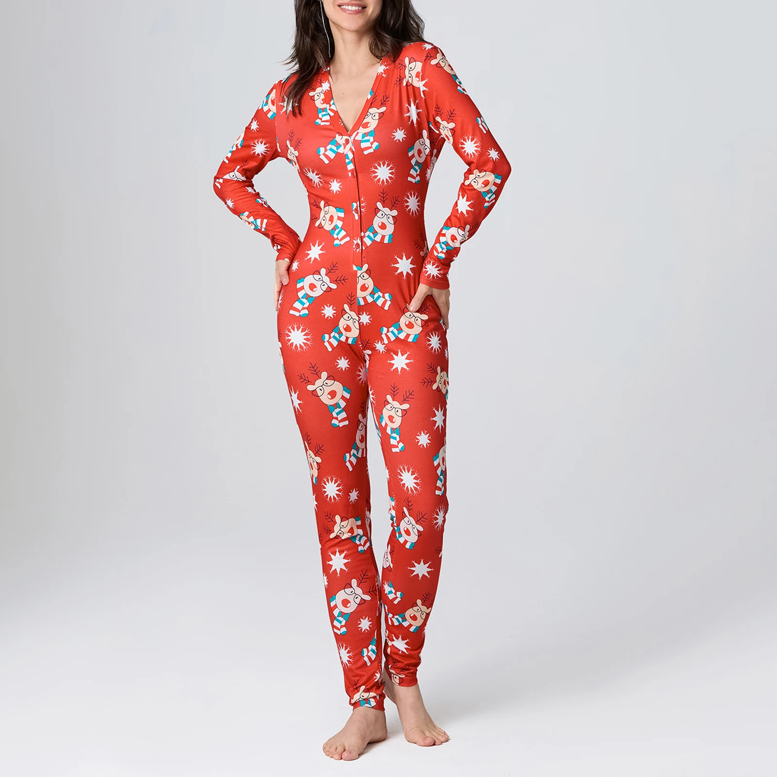 Women Pajamas Jumpsuit Buttons V Neck Long Sleeve Christmas Cartoon Printed Sleepwear Home Wear S/M/L/XL/XXL