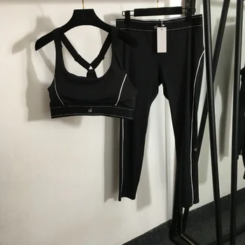 2025 new high version fashion yoga sports set woven waist bra vest (with chest pad) + tight leggings 1