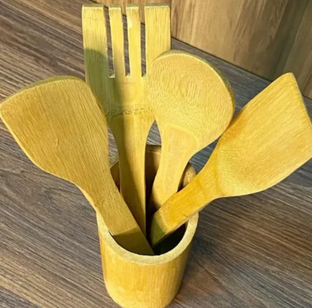 Utensilios Cuchara De Madera De Bambú Con Soporte Y Espátulas