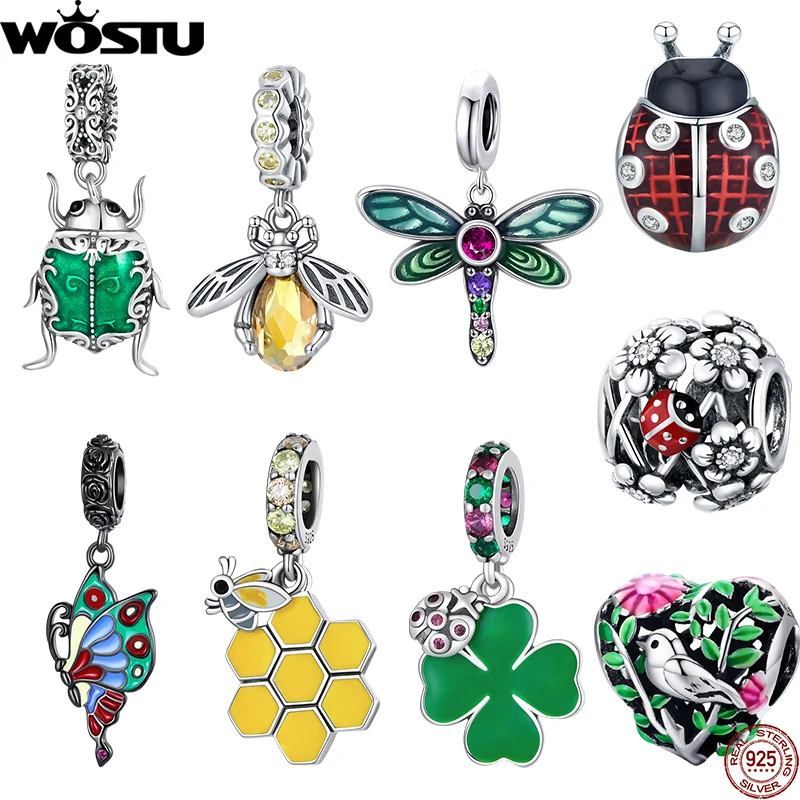 

WOSTU Original 925 Sterling Silver Ladybug Charms Colorful Garden Insect Dragonfly Pendant Fit Bracelets Neckalce DIY Making