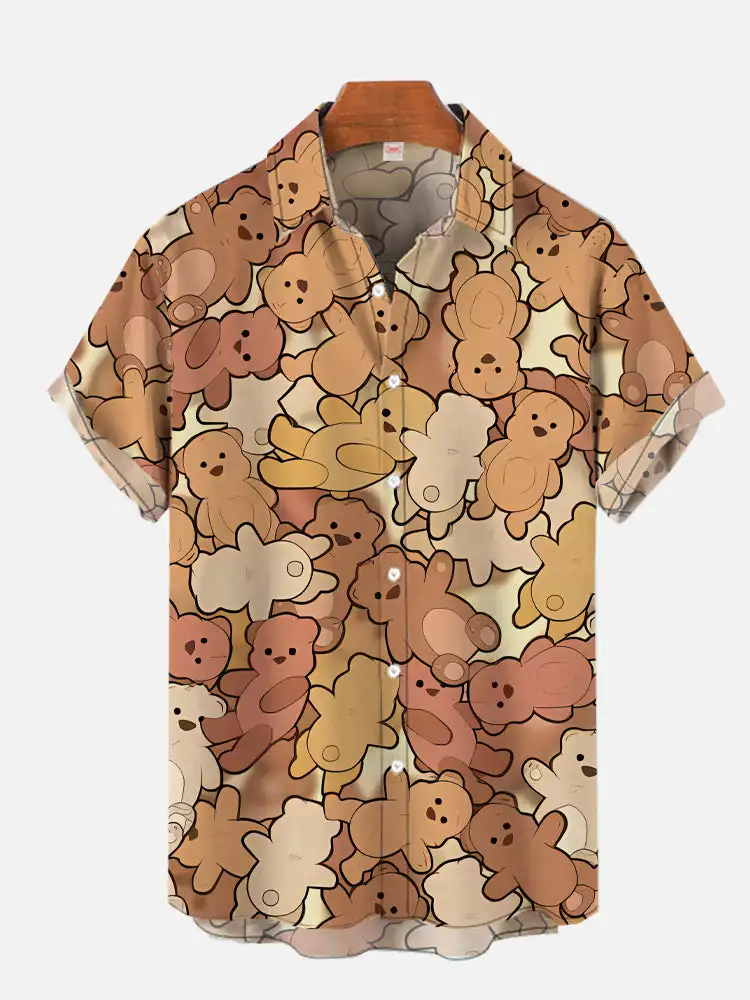 Summer new dense colorful rainbow bear print men's casual large size short-sleeved shirt 4