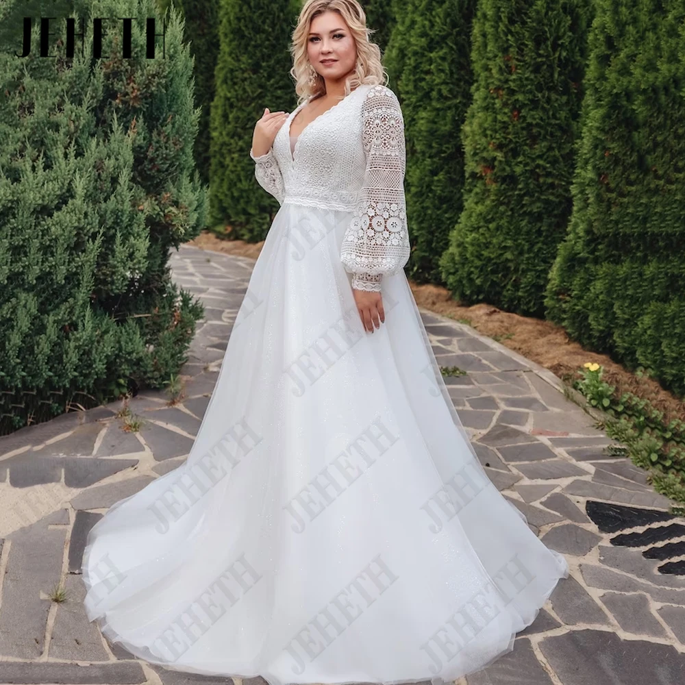 

JEHETH Beach Wedding Dress Long Sleeve Plus Size Boho Women V Neck Vintage A Line Lace Bridal Gown Tulle Vestidos De Novia 2023