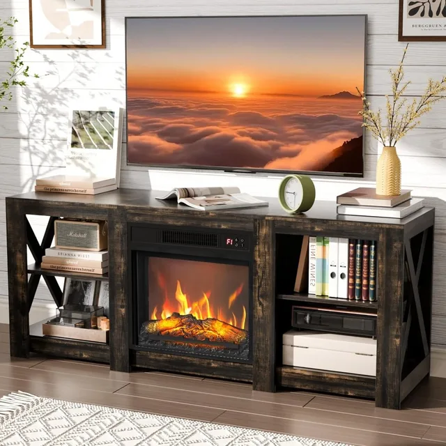 Fireplace TV Stand for up to 70 inch TVs, Farmhouse Entertainment Center with Electric Fireplace Heater & Adjustable Shelves, Fi