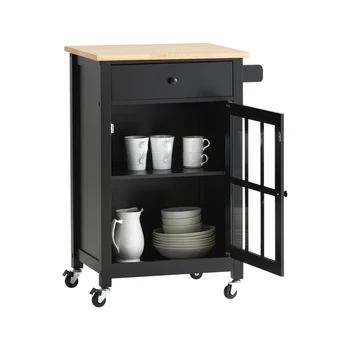 SoBuy FKW98 Carrello da cucina con cassetto a 1 anta, carrello da portata con piastra di lavoro in gomma, carrello laterale in legno 1