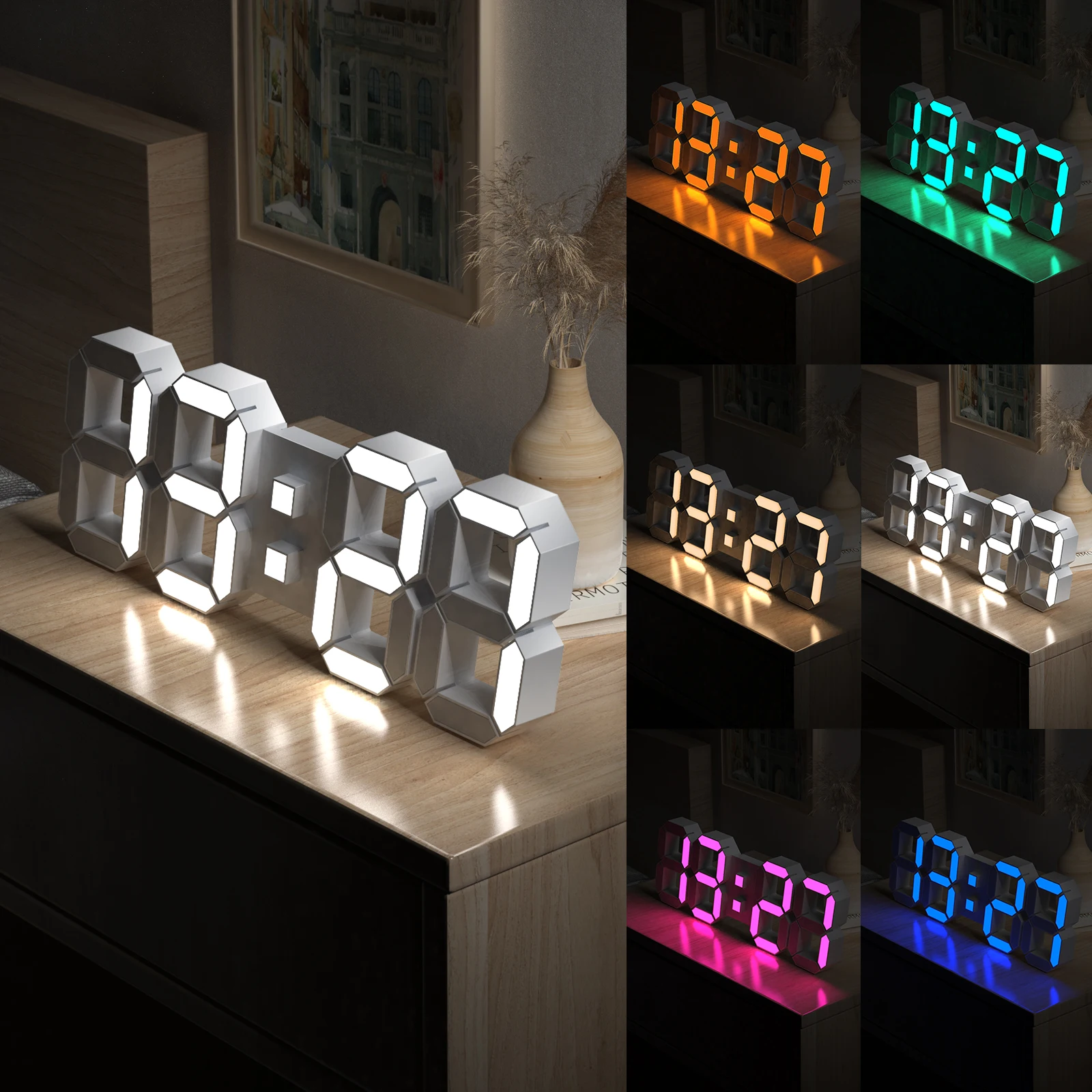 LED Digital Clock 3D Wall Clock Wall Snooze Table Calendar Thermometer 15Inch