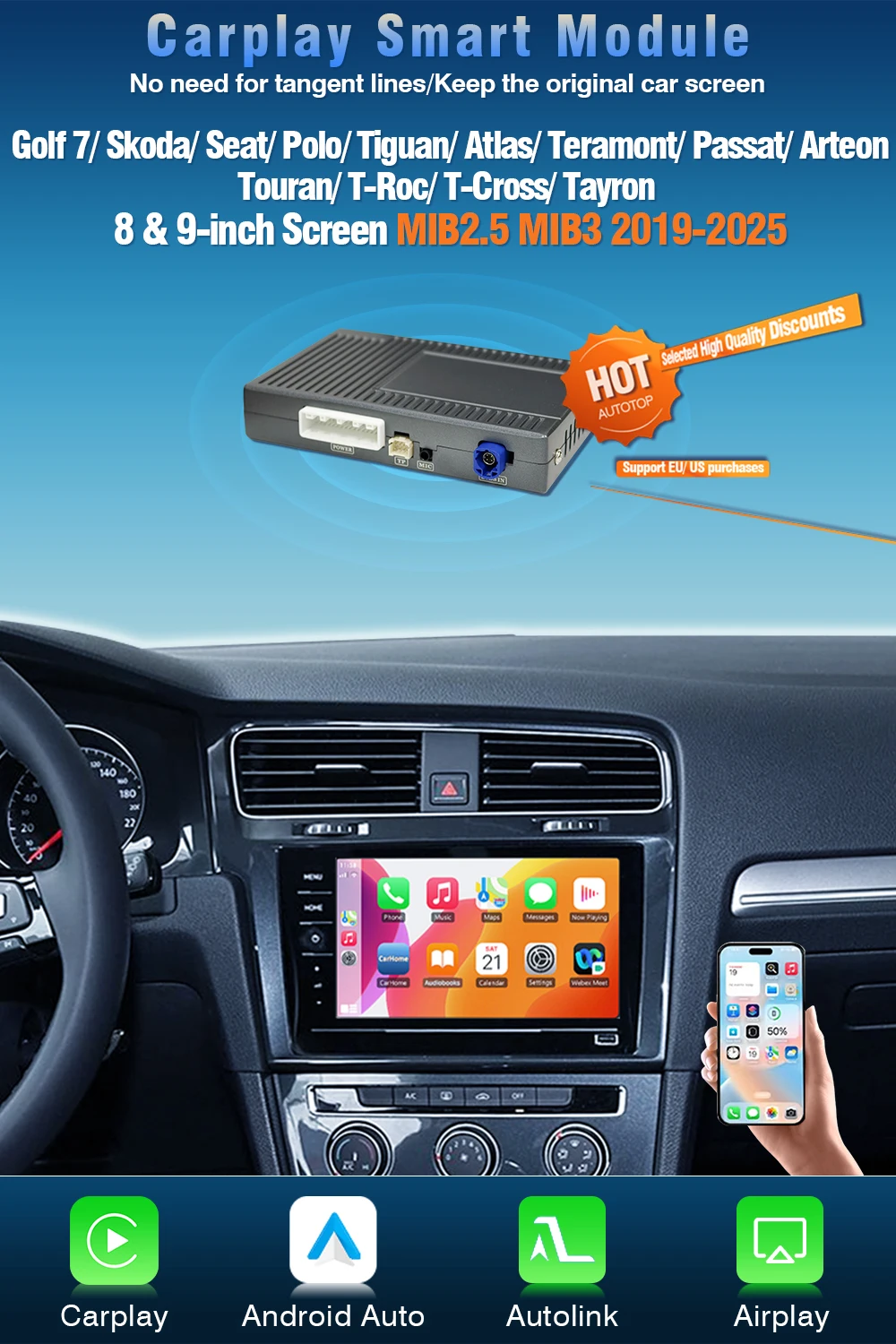 AUTOTOP Wireless CarPlay Android Auto für VW Skoda Seat Polo Tiguan Atlas Teramont Passat TouranT-Cross 8 & 9,2 Zoll MIB2.5 MIB3 – Detail 3