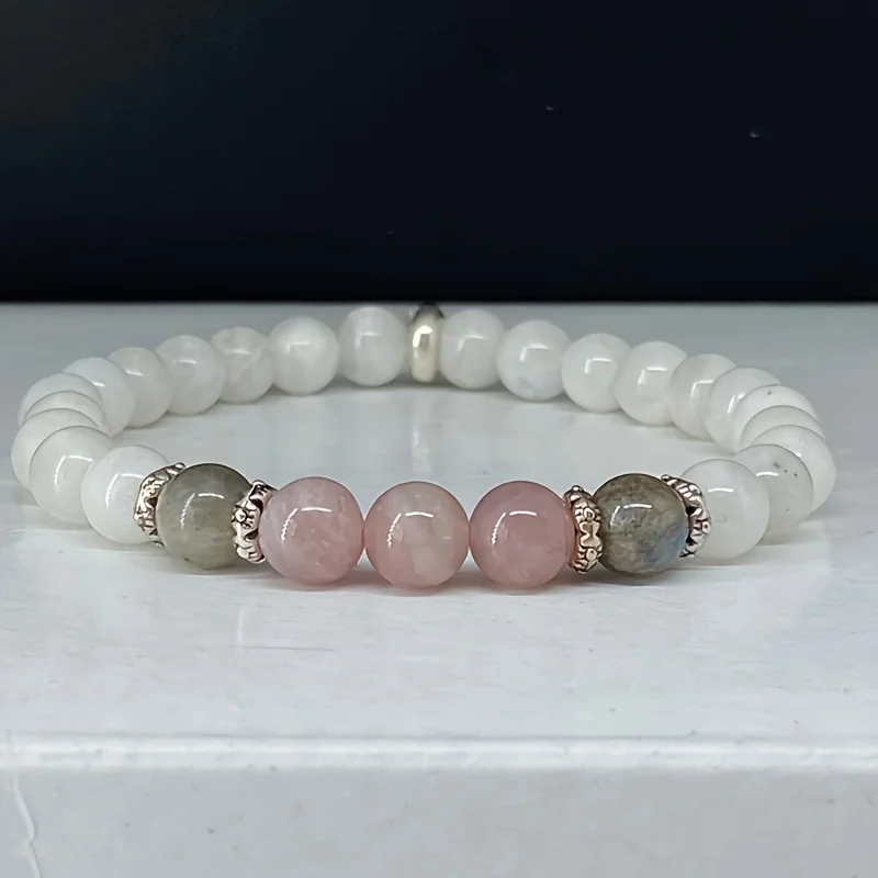 Boho-style beaded bracelet with calming rose quartz, intuitive moonstone, and protective labradorite