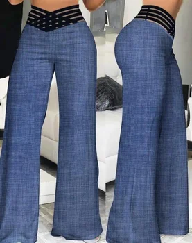 Women Wide Leg Flared Pants 2024 New Y2k Casual Crisscross Sheer Mesh Patch High Waist Trousers Elegant Streetwear Work Pants 1