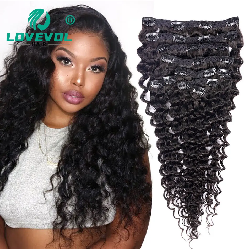 LOVEVOL Deep Wave Clip in Hair Extensions Human Hair Dark Brown 7 pcs 100g Real Remy Extensions for Women