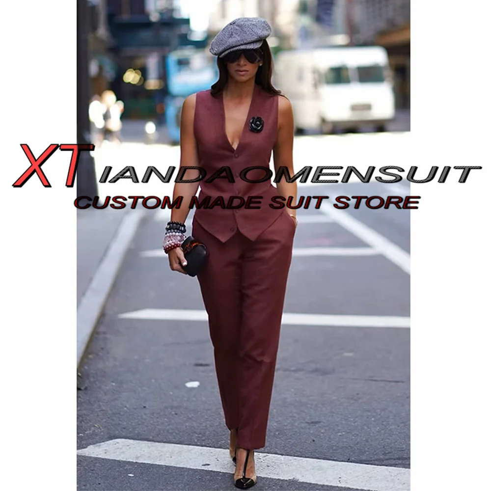 Women\'s Suit 2 Piece V-Neck Sleeveless Jacket Pants Set Formal Workwear Vest Pants Casual Complete Outfit