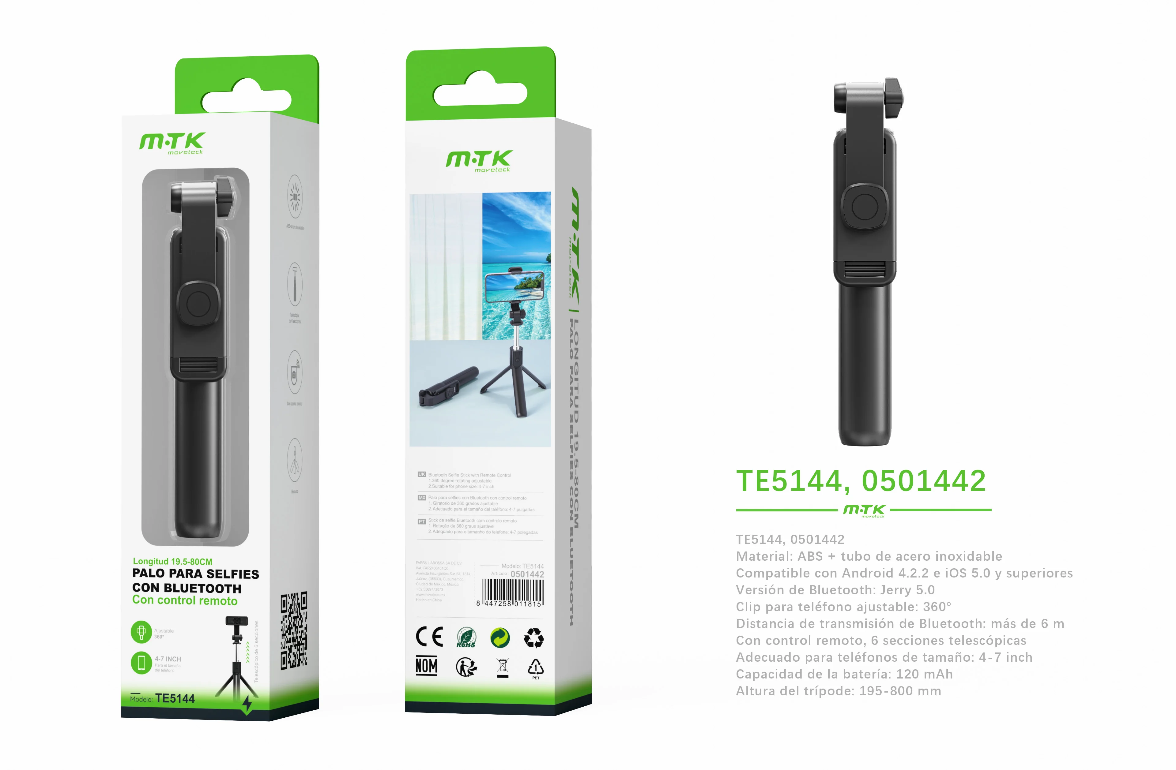 Mtk Selfie Stick Tripod 3 in 1 with Bluetooth 5.0, Foldable from 19.5cm to 70cm, Food-Grade Abs Material + Stainless Steel, Compatible with Phones from 4 to 7 Inches – Ideal for Live Streaming, Vlogging and Photography