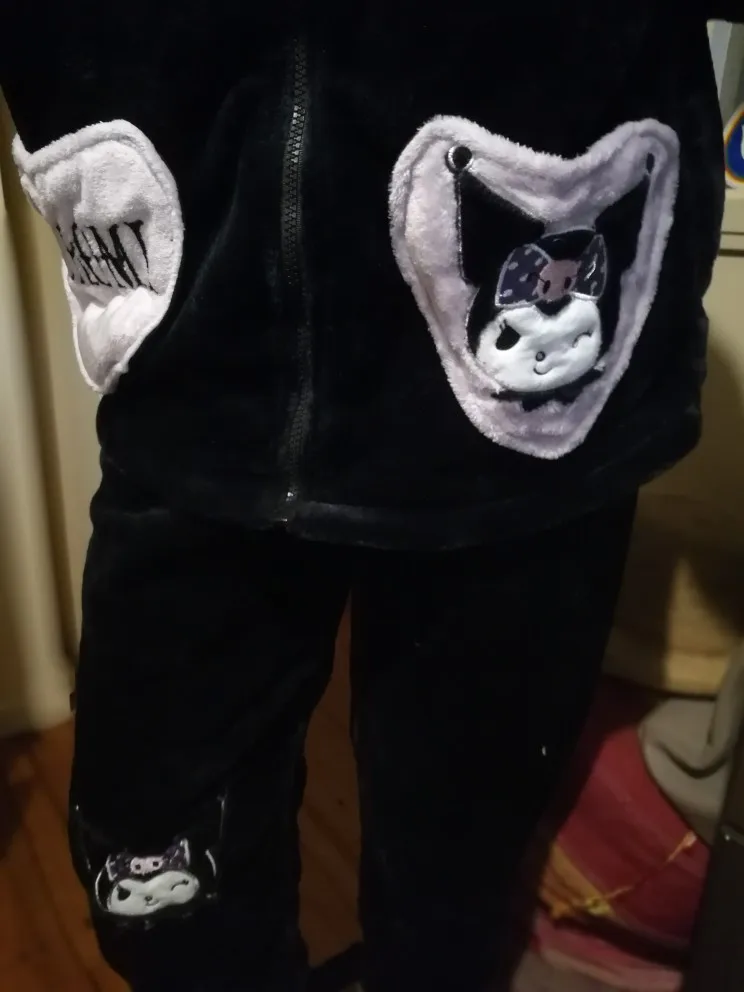 Kuromi Inspired Black Plush Hooded Pajama Set