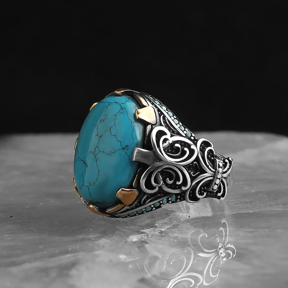 

Men's solid 925 sterling silver ring Oval Blue Turquoise stone handmade gift for Birthday High Quality Fine Jewelry