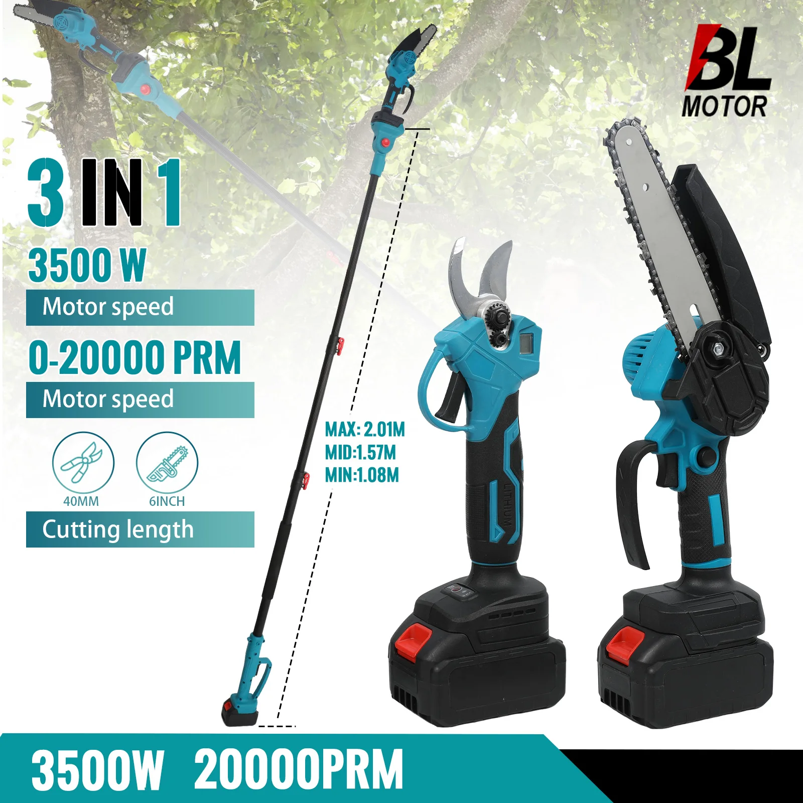 Bromose 3500W Bürstenlose Teleskopstange Elektrische Kettensäge 3-IN-1 Hohe Zweig Schere Garten Beschneiden Werkzeug für 21V Batterie – Detail 1