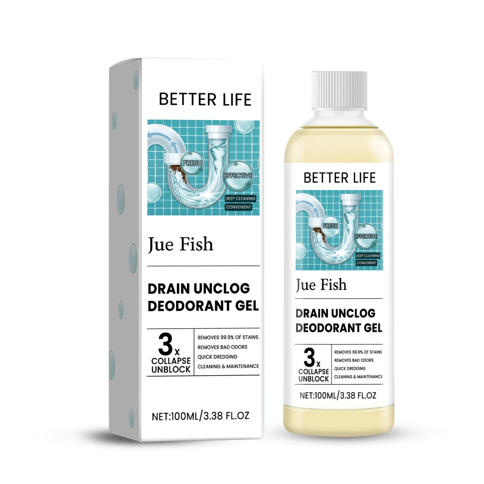 Jue-Fish 100ml Pipe Dredge Agent Cleaner Drainage Pipe Cleaning Unclog Deodorant Bathroom Sewer Pipeline Drain Cleaning Solution