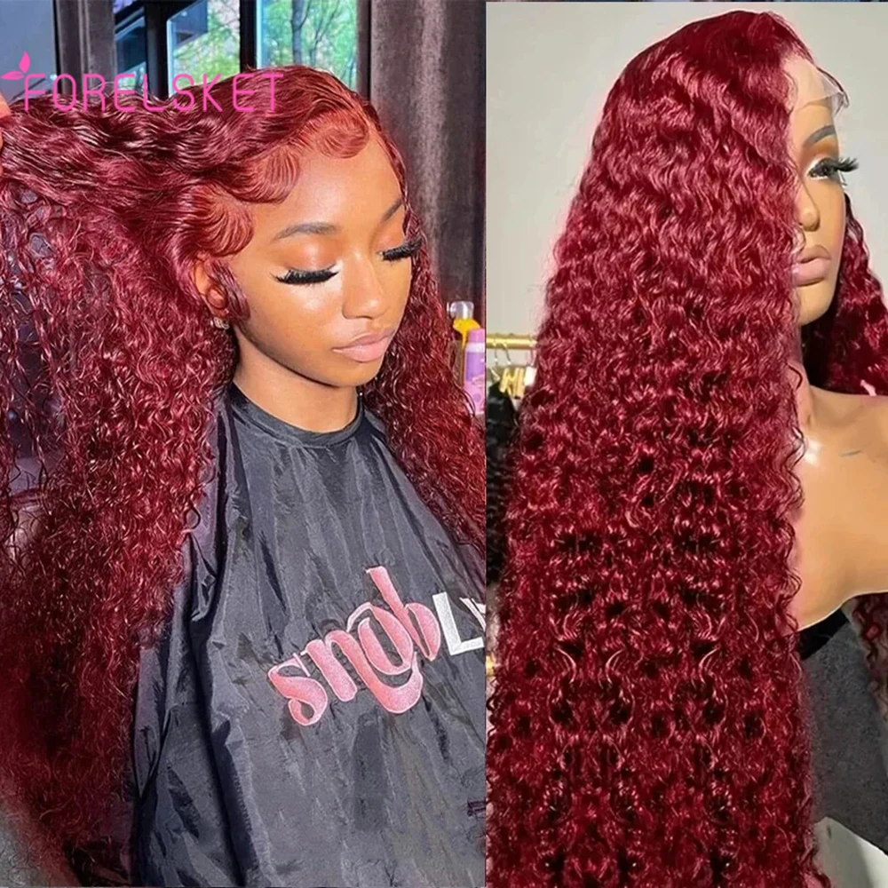 

99J Deep Wave Human Hair Wigs 13X4 Burgundy Curly Transparent Lace Front Wig 4x4 Red Color Deep Wave Lace Frontal Wig For Women